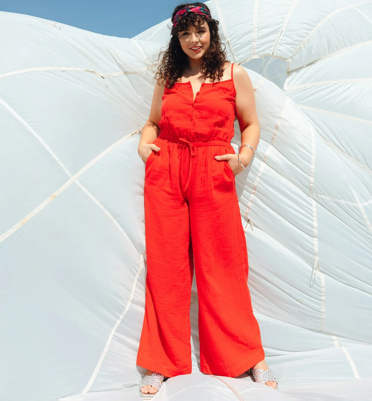 Combi-pantalon gaze de coton - Groseille