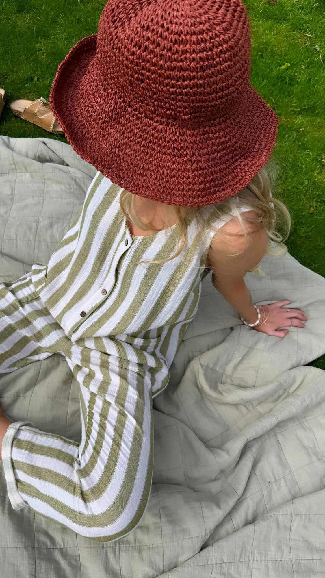 Combinaison rayé beige vert gaze de coton