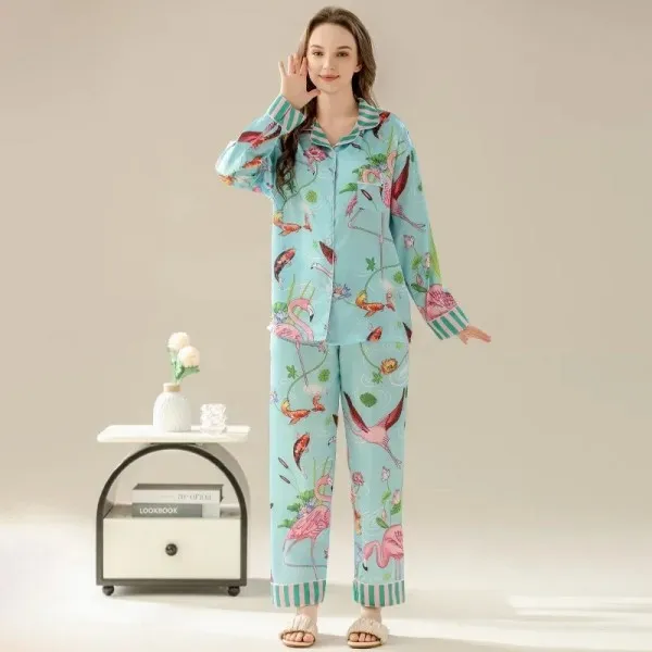 Ensembles de pyjamas flamant rose pour femmes, faux satin à manches longues