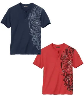 Lot de 2 Tee-Shirts Col Tunisien Imprimé Tahitien 