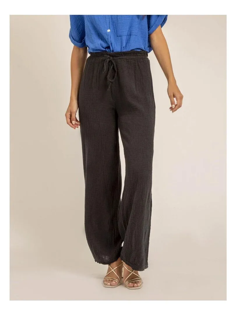 Pantalon fluide gaze de coton EBERTINE - Noir