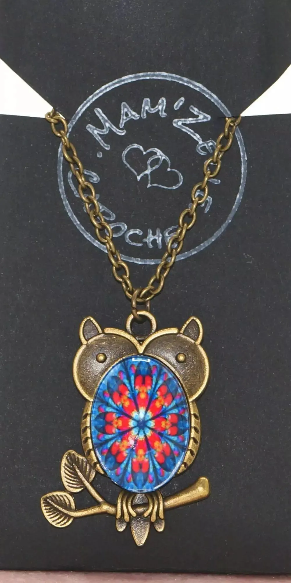 Sautoir cabochon hiboux bleu Mam'Zelle Caboche