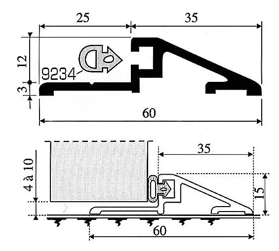 Seuil aluminium pour alu ou pvc : Seuil Rivinox pour porte extérieure Alu